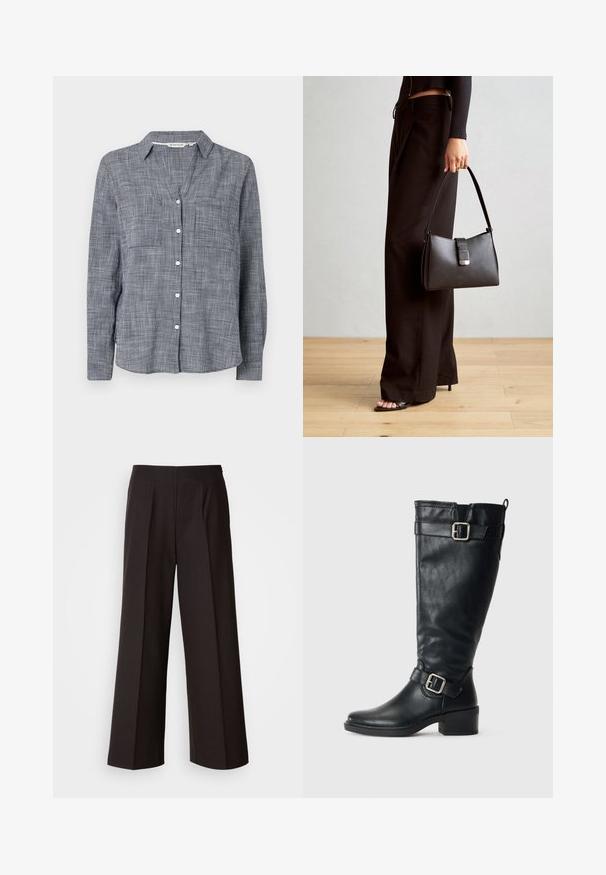 Košulja s dugim rukavima u tkanom prugastom uzorku plave i bijele boje, s ovratnikom, dva džepa na prsima i dugim rukavima s dugmadi na manžetama.; Crne široke hlače s ravnim prednjim dijelom, plisëima i glatkom teksturom tkanine. Imaju visok struk i kroj prilagođen tijelu za strukturirani izgled.; Visoka crna kožna čizma s niskom petom, dekorativnim kopčama u blizini gležnja i na vrhu, te vučnom trakicom sa stražnje strane.; Crna torba s oblikom koji sadrži strukturu, glađu teksturu i metalnu kopču. Uparena s širokim crnim hlačama i sandalama na otvorenom s drvenog poda.