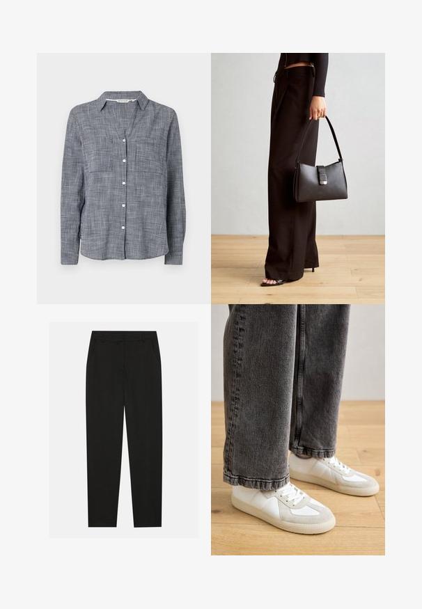 Košile na knoflíky v tkaném námornickém a bílém kostkovaném vzoru, s límcem, dvěma náprsními kapsami a dlouhými rukávy s knoflíkovými manžetami.; Černé kalhoty s vytvarovaným střihem, které mají boční kapsy a rovné nohavice. Vyrobené z hladkého, lehkého materiálu s elegantním povrchem.; Bílé a šedé tenisky s svrchním materiálem z semiše a kůže, s nízkým profilem a perforovanými detaily, v kombinaci s tmavě šedými džínami.; Černá kabelka se strukturovaným tvarem, hladkým povrchem a kovovým uzávěrem. Kombinována s širokými černými kalhotami a sandály s otevřenou špičkou na dřevěné podlaze.