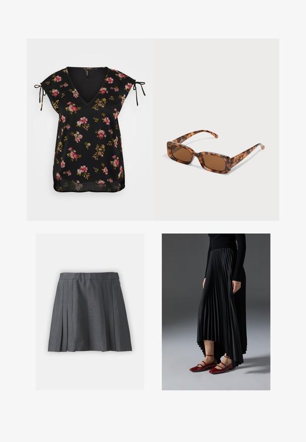Črna cvetna bluza z V-izrezom, kratkimi rokavi in detajli vezi na ramenih. Ima vzorec rož v roza in zeleni barvi. Gladka tekstura.; Siva nabrana krilka iz teksturiranega materiala, z pasom in skrito zadrgo. Ima enakomerno razporejene nabore za strukturiran videz.; Črna nabrana krila z višjim sprednjim in nižjim zadnjim delom, kombinirana z sijočimi rdečimi balerinkami s trakastim dizajnom. Tkanina ima gladko teksturo.; Želve sunčane naočale s pravokutnim smešnim lećama, debelim okvirom i tankim ručkama s uzorkom različitih nijansi smeđe boje.; Srebrni obroči za ušesa z gladko, polirano površino. Okrogla oblika in varna zaponka s klikom. Lahka zasnova, primerna za vsakodnevno nošenje.
