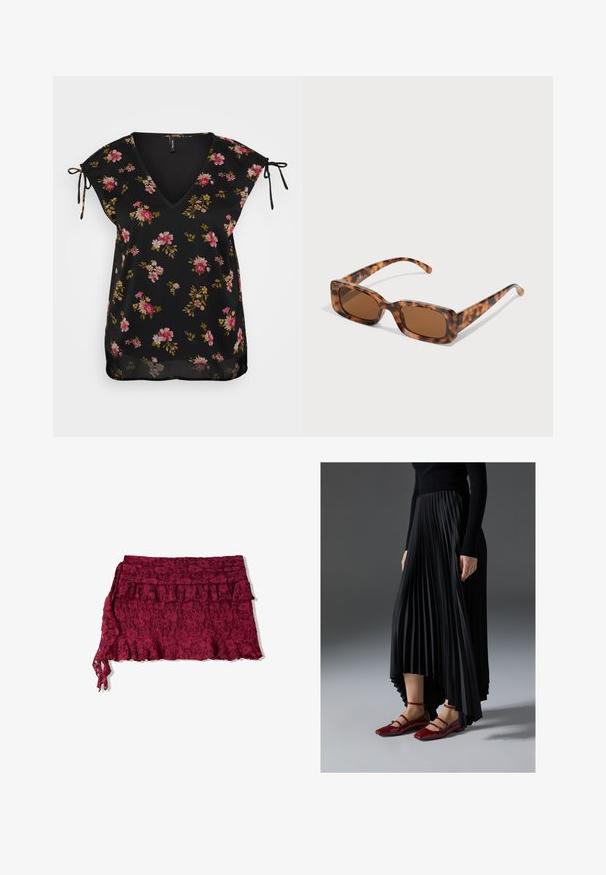 Czarna bluzka w kwiaty z dekoltem w serek, krótkimi rękawami i wiązaniami na ramionach. Ma wzór z różowych i zielonych kwiatów. Gładka tekstura.; Bordowa koronkowa spódnica z falbaną i warstwowym designem. Charakteryzuje się miękką teksturą i regulowanym wiązaniem z boku.; Czarna plisowana spódnica z asymetrycznym dołem, zestawiona z błyszczącymi czerwonymi balerinkami z paskiem. Tkanina ma gładką teksturę.; Okulary przeciwsłoneczne w kolorze tortoishell z prostokątnymi brązowymi soczewkami, grubą oprawką i cienkimi zausznikami z wzorem w różnych odcieniach brązu.