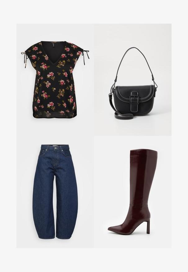 Zwarte bloes met bloemenpatroon, met een V-hals, korte mouwen en strikdetails op de schouders. Het heeft een patroon van roze en groene bloemen. Soepele textuur.; Roze katoenen tanktop met een ribbelstructuur en een klassieke ronde hals. Mouwloos ontwerp, aangesloten silhouette en geen opvallende details.; Hoge taille donkerblauwe denim jeans met wijde benen, voorzijde met knoop en ritssluiting en klassiek vijf-pocket ontwerp.; Even&Odd Laarzen - dark red; Zwarte leren schoudertas met een gebogen ontwerp, opvallende sluiting met gesp en witte stiksels. Inclusief verstelbare schouderband.; Zilveren oorbel met een gepolijste afwerking, met kleine gouden accentdetails en een ronde vorm, gedragen op de oorlel.