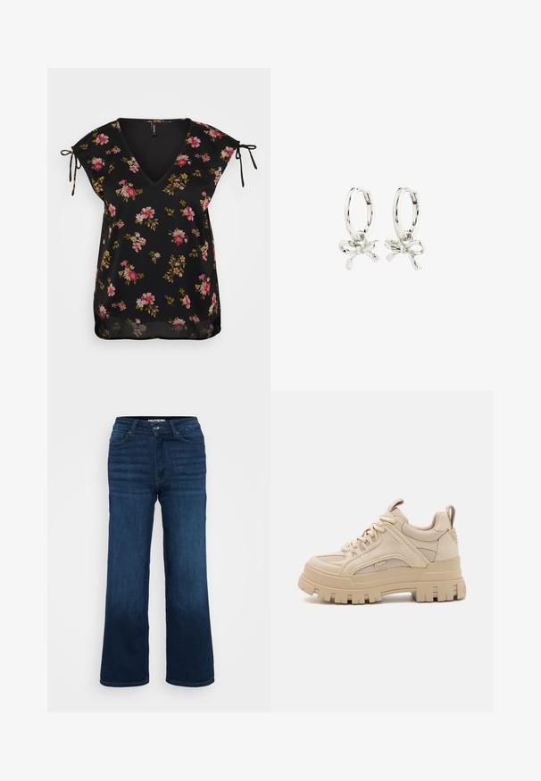 Schwarze Bluse mit floralem Muster, V-Ausschnitt, kurzen Ärmeln und Bindebanddetails an den Schultern. Sie hat ein Muster aus pinken und grünen Blumen. Glatte Textur.; Rosa Baumwoll-Tanktop mit geripptem Format und klassischem Rundhalsausschnitt. Ärmelloses Design, figurbetonte Silhouette und keine auffälligen Details.; ONLY Petite ONLMADISON BLUSH WIDE - Wide Leg - dark blue denim; Beige Chunky Sneakers aus einer Mischung aus Mesh- und Wildledermaterialien, mit dicker Sohle und ausgeprägtem Profil, Schnürdesign und Branding-Detail.; Silberne Creolen mit einem Schleifen-Design, einer glatten Oberfläche und einer polierten Textur. Kompakter, minimalistischer Stil, geeignet für verschiedene Anlässe.