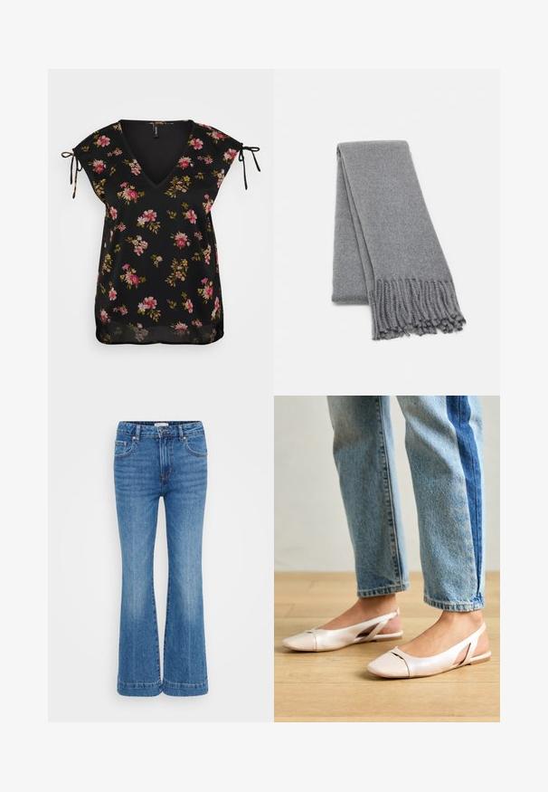 Svart blomstret bluse med V-hals, korte ermer og knytedetaljer på skuldrene. Har et mønster av rosa og grønne blomster. Glatt tekstur.; Blå denim jeans med utsvikt, høy midje, subtilt slitasje foran, fem lommer og kontrasterende sømmer langs sømmene.; Lys rosa slingback leiligheter med spiss tå, laget av et glatt, læraktig materiale. Har utskjæringer på sidene og lav hæl.; Grå ullsjal med en myk tekstur, utstyrt med frynsete kanter og et enkelt design. Brettet pent, som viser frem den avlange formen.