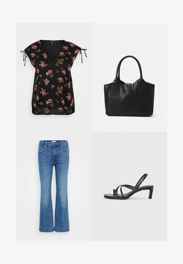 Crna cvjetna bluzica s V-izrezom, kratkim rukavima i mašnama na ramenima. Ima uzorak ružičastog i zelenog cvijeća. Glatka tekstura.; Plave traperice s raširanim nogavicama i visokim strukom, suptilnim oznakama na prednji strani, dizajnom s pet džepova i kontrastnim šavovima.; Crne sandale s trakama, kvadratnim prstom i niskom blok petom. Ima više tankih trakica i podesivu trakicu oko gležnja. Izrađene su od glatke kože.; Crna kožna torba za nošenje s glatkom teksturom, strukturiranim oblikom, dvije ručke i istaknutim srebrnim kopčanjem na prednjoj strani.