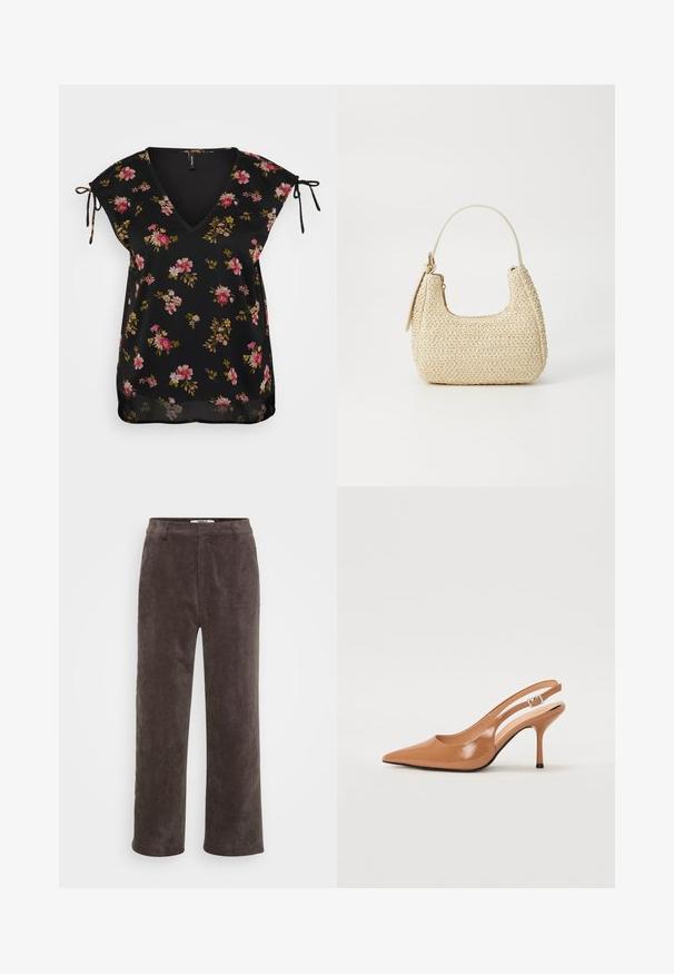 Sort blomsterbluse med V-hals, korte ærmer og bånddetaljer ved skuldrene. Har et mønster af lyserøde og grønne blomster. Glat tekstur.; Brune corduroy bukser med bred benvidde og struktureret overflade, der har en standard talje og to forlommer.; Spids tå slingback hæl i et glat, blankt tan materiale. Har et buet udskæring design og en slank stiletto hæl. Sølv spænde detalje.; Vævet stråhåndtaske i beige med en buet form, en kort håndtag og en sidelomme med lynlås. Har tekstureret overflade og minimalistisk design.