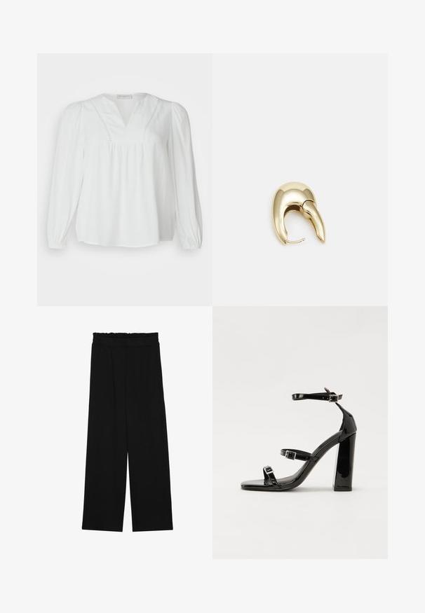 Biała bluzka z dekoltem w serek, plisowanym korpusem i długimi rękawami. Wykonana z lekkiego materiału z delikatnym ozdobnym przeszyciem wzdłuż dekoltu.; Czarne spodnie typu wide-leg z falbaną w pasie, z dwoma bocznymi kieszeniami i gładkim, lekkim materiałem. Brak widocznych wzorów lub elementów metalowych.; Czarne lakierowane sandały na obcasie z kwadratowym noskiem, z paskami wokół kostki i srebrnymi klamrami. Posiadają masywny słupek dla stabilności.; Złote metalowe kolczyki o eleganckim, zakrzywionym kształcie. Posiadają charakterystyczny szpiczasty kształt, polerowaną powierzchnię oraz zapięcie na zawias.