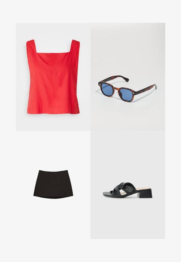 Červený tank top s námestným výstrihom vyrobený z ľahkého materiálu, s širokými ramienkami a rovnom lemom. Hladká textura s minimálnym dizajnom.; Čierna mini sukňa so strihom do rovna a miernym bočným roz裂aním. Vyrobená z hladkej textílie, so čistým lemom a minimalistickým dizajnom.; Čierne kožené sandále s prepleteným dizajnom horného dielu, štvorcovou špičkou a nízkym blokovým opätkom, s hladkou textúrou a minimalistickým štýlom.; Škrupinové slnečné okuliare s modrými sklíčkami, s okrúhlym rámom a tenkými stranami, zvýrazňujú hladkú textúru a jemné detaily dizajnu.