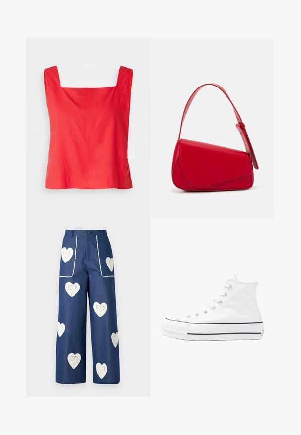 Rød tanktopp med firkantet hals i lett stoff, med brede skulderstropper og rett kant. Glatt tekstur med minimalt design.; Sister Jane HEART TO HEART - Jeans straight leg - blue denim; Hvit høy-skinn kanvas sneakers med svart gummisåle, gummitåhette foran og seks hull for snorer, med et rent, minimalistisk design.; Rød lærveske med en vinklet, geometrisk design. Har en enkelt justerbar stropp og en klaffelukking med sydd detaljer.