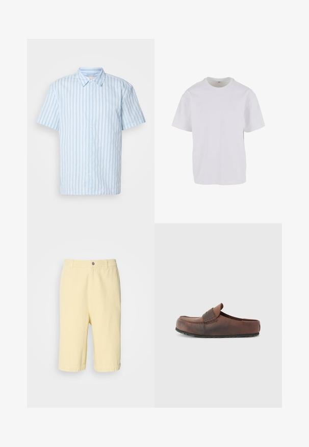 Camicia a maniche corte con bottoni in tessuto azzurro chiaro a righe verticali. Presenta un colletto a punta e bottoni bianchi lungo la parte anteriore.; T-shirt bianco a maniche corte realizzato in cotone morbido, con scollatura rotonda e vestibilità rilassata con orlo dritto. Nessun motivo o dettaglio visibile.; Pantaloni corti in cotone giallo con taglio dritto, dotati di chiusura frontale con bottone e orlo arrotolato. Texture liscia, design casual.; Scarpa in pelle marrone con punta arrotondata, cuciture decorative e suola in gomma testurizzata. Design semplice e accenti minimi.