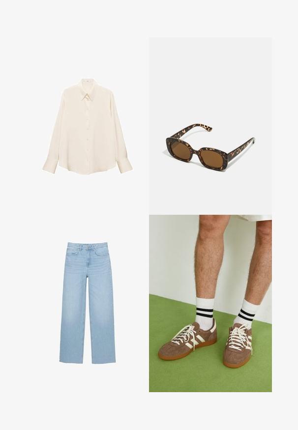 Cremefarvet skjorte med knapper i glat stof, med klassisk krave, lange ærmer og lige kant med en afslappet pasform.; Lysblå brede jeans lavet af denim, med høj talje, lige snit og fem-lomme design med en ren kant.; Brune ruskind sneakers med hvide detaljer og snørebånd. Gummisål i naturgummi. Båret med hvide sokker med sorte striber. Grøn struktureret gulv.; Skildpadde-solbriller med en rund, kraftig ramme og brune linser. Har subtile mønstre og lige, afsmalnende stænger.; Zign LEATHER - Shopping bags - light brown