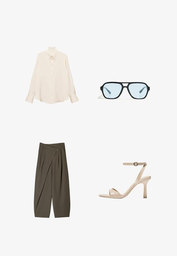 Cămașă crem cu nasturi dintr-un material neted, având un guler clasic, mâneci lungi și margină dreaptă, cu o croială lejeră.; Pantaloni cu croi larg dintr-un material verde măsliniu închis, cu un design pliat în față, închidere cu nasture și o suprafață lustruită și texturată.; Sandal cu toc înalt din piele patent nud, cu o curea subțire pentru gleznă și o cataramă circulară, design cu vârful descoperit și un toc stiletto subțire.; Ochelari de soare negri cu rame rectangulare, lentile cu nuanță albastră și un design distinctiv al punții. Finisaj elegant, textură subtilă.; Geantă de mână din piele maro închis, cu o formă curbată, închidere cu fermoar și un mânere scurt. Include accesorii metalice și butoane decorative negre pe lateral.