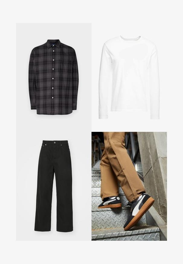 Srajca s gumbi v črno-sivi karirasti vzorec, dolgi rokavi, ovratnik, en žep na prsih in beli gumbi. Narejena iz lahkotnega materiala.; Dolga majica z dolgimi rokavi, izdelana iz mehkega bombaža. Okrugli izrez s ravnimi robovi in brez vidnih vzorcev ali grafik.; Črne jeans hlače z ravnim krojem, ki imajo pet žepov, gumbno zapiranje in klasičen pas. Gladka tekstura.; Črne in sivo semiš superge z belimi detajli in gumijastimi podplati, obute na svetlo rjave hlače med vzpenjanjem po kovinskih stopnicah.