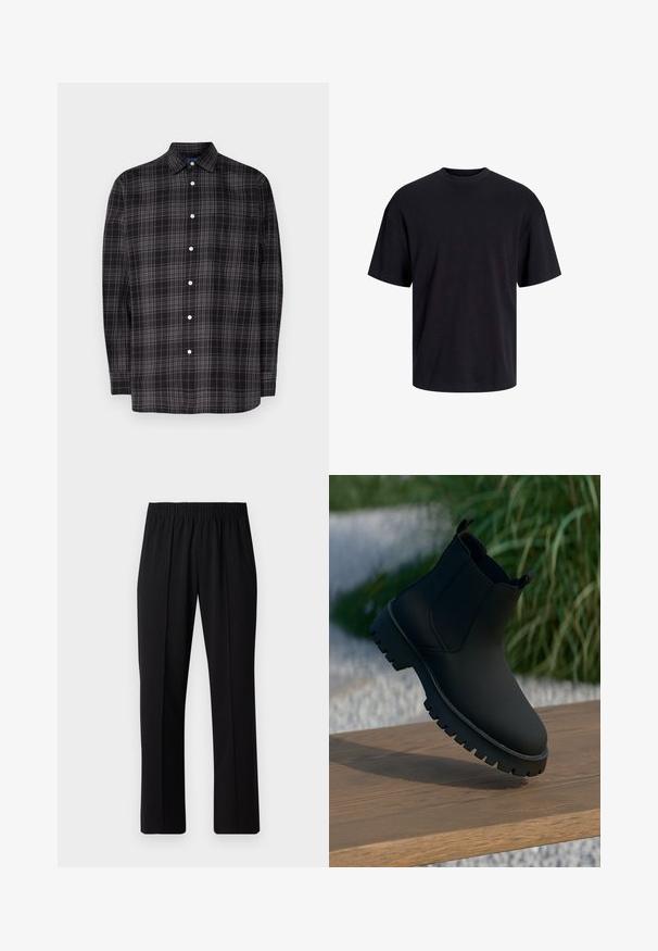 Schwarze und graue Karomuster-Hemdbluse, langärmelig, mit Kragen, einer Brusttasche und weißen Knöpfen. Aus leichtem Stoff gefertigt.; Schwarzes Baumwoll-T-Shirt mit Rundhalsausschnitt, kurzen Ärmeln und lässiger Passform. Glatte Oberflächenstruktur und keine sichtbaren Muster oder Akzente.; Schwarze, Gummibund-Hosen mit geradem Schnitt, die eine glatte Textur aufweisen und keine sichtbaren Muster oder Beschläge haben.; Schwarze Knöchelstiefel mit glattem Finish, elastischen Seitenpanelen und einer dicken, robusten Sohle. Vor einem natürlichen Hintergrund auf einer Holzoberfläche platziert.