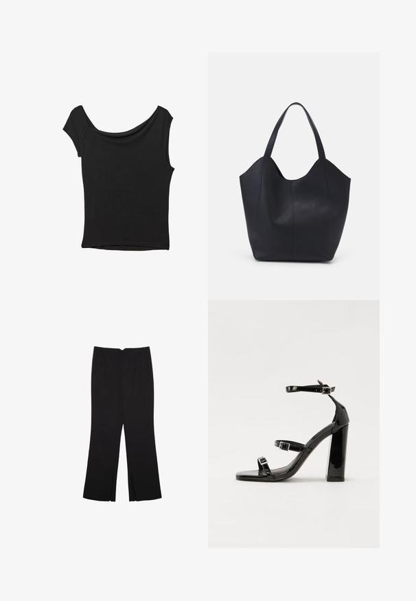 Black short-sleeve top made of smooth fabric; features a draped neckline and an asymmetrical hemline, with a fitted body.; Black trousers with a straight fit, featuring front pockets and side slits at the hem. Made of soft, smooth fabric. Suitable for various occasions.; Black patent heeled sandals with a square toe, ankle straps, and silver buckles. Features a chunky block heel for stability.; Black tote bag made of smooth leather, featuring a curved, open top with two shoulder straps and a minimalist design.