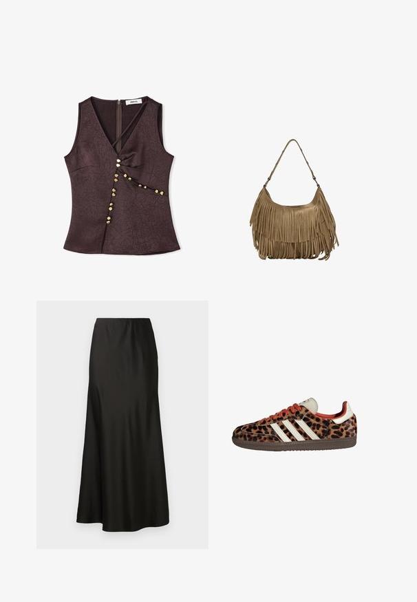 Top marrone senza maniche con scollo a V, caratterizzato da un tessuto testurizzato e bottoni decorativi in tono oro lungo una cucitura diagonale. Chiusura con zip sul retro.; Gonna maxi in satin nero con texture liscia, vita alta e fondo svasato. Caratterizzata da un design semplice senza motivi visibili o accessori.; Sneaker con stampa leopardata in materiale scamosciato, lacci rossi e tre strisce bianche sui lati. Presentano una linguetta di colore crema e una suola marrone.; Borsa a tracolla in suede marrone con lunghi dettagli in frange, forma curva e una singola tracolla. Presenta una superficie liscia e testurizzata.