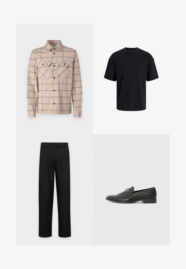 Chaqueta de camisa a cuadros beige hecha de tela, con dos bolsillos en el pecho, cierre de botones y acentos oscuros en un patrón de cuadricula.; Camiseta de algodón negra con cuello redondo, mangas cortas y un ajuste relajado. Textura suave y sin patrones ni acentos visibles.; Pantalones negros de tela suave, con un diseño de pierna recta, dos pliegues frontales y una cintura estándar con trabillas para el cinturón.; Mocasín de cuero negro con un acabado suave, que cuenta con un diseño de costura y un acento decorativo de cadena de metal en el empeine. Tacón plano.