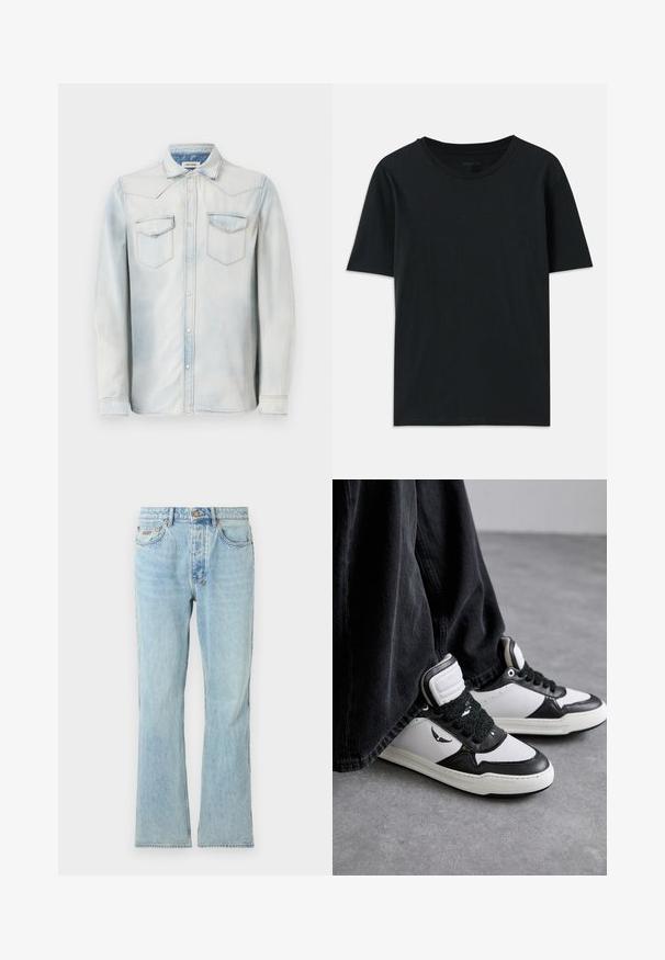 Hele sinine teksariiem, pikkade varrukatega, terava krae ja ees olevate taskutega. Omab kulunud viimistlust ja kontrastset õmblust.; Must järgmise lühikese varrukaga T-särk, mis on valmistatud pehmest kangast, omab ümmargust kaelust ja lõdvestunud istuvust. Lihtne disain ilma nähtavate mustrite või aktsentideta.; Heledad sinine teksapüksid sirge lõikega, klassikaline viie taskuga disain, õrn hõõrdumine ja metallist nööp sulgemisel vööosas.; Mustvalged kõrgsokiga tennisetossud, millel on tekstuuriga musta paela detail, nahast ja sünteetilisest materjalist, ning küljel on logo.