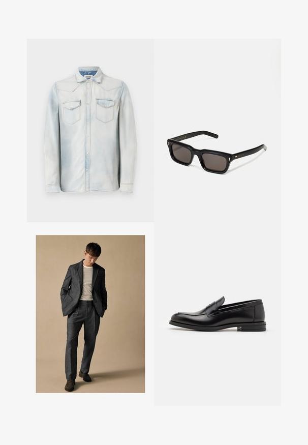 Camicia di denim azzurro chiaro con maniche lunghe, colletto a punta e tasche frontali. Presenta un lavaggio sbiadito e cuciture a contrasto.; Completo grigio su misura con rever a scollo e tasche frontali, abbinato a una camicia a righe. I pantaloni hanno una vestibilità comoda e dettagli delle pieghe. Scarpe marroni.; Mocassini neri in pelle con una texture liscia, punta arrotondata e una striscia decorativa sulla tomaia. Tacco basso impilato, design minimalista.; Occhiali da sole neri rettangolari con lenti scure, montatura spessa in plastica, dettagli dorati sulle tempie e logo del marchio inciso sull'asta.