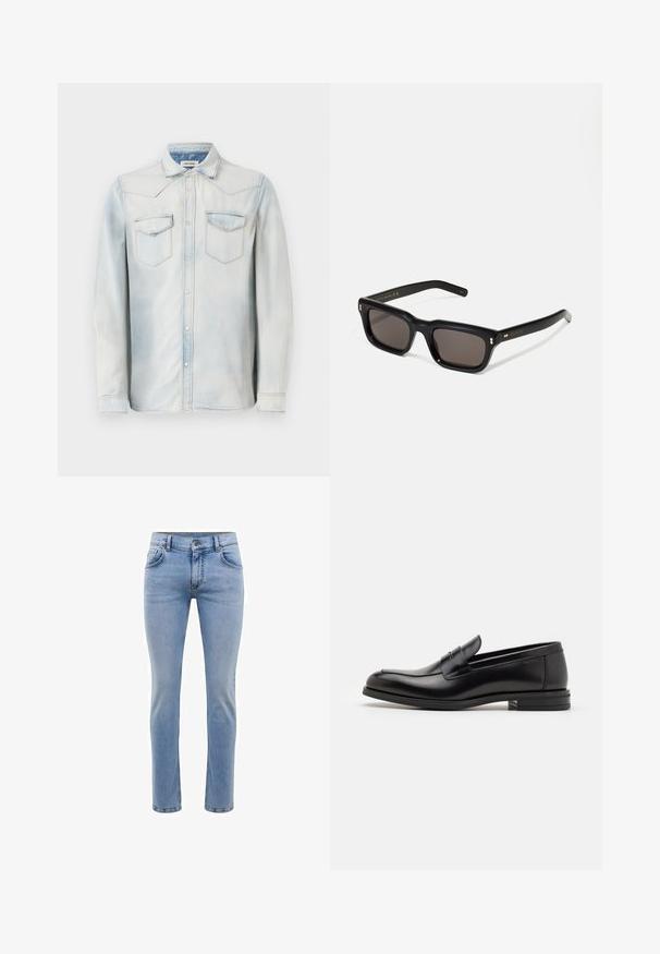 Hele sinine teksariiem, pikkade varrukatega, terava krae ja ees olevate taskutega. Omab kulunud viimistlust ja kontrastset õmblust.; Heledad sinine denimist teksapüksid, kitsas lõige, viie taskuga ja sirge jalaga disain. Omab tõmblukkuga lukkuklappi ja vöörihmasid. Pehme tekstuur.; Mustad mustad nahast loafers sileda tekstuuriga, ümarat ninaosa ja dekoratiivne riba vampi üle. Madal kihiline konts, minimalistlik disain.; Mustad mustakorruselised prillid tumedate läätsedega, paks plastikraam, kuldsed aksendid templites ning kaubamärgi logo graveeritud käe lilla.