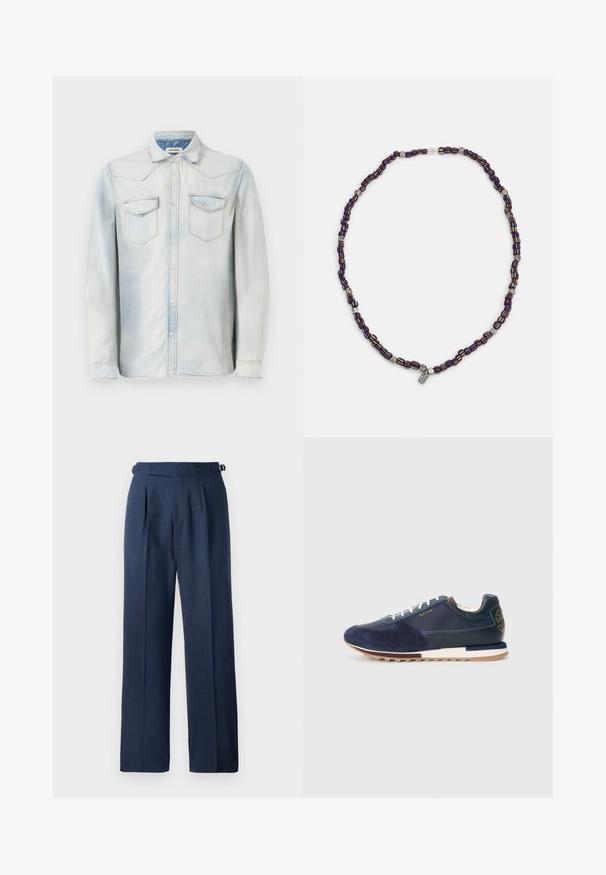 Světle modrá džínová košile s dlouhými rukávy, špičatým límcem a předními kapsami. Má vybledlý vzhled a kontrastní švy.; Námořnické modré kalhoty na míru, vyrobené z texturované tkaniny, s vysokým pasem, sklady a nastavitelnými bočními popruhy pro lepší úpravu.; Navy modré semišové a kožené tenisky s bílými tkaničkami, texturovanou podrážkou a hnědým akcentem na zadní straně s detailem loga.; Náhrdelník z barevných korálků s tmavě modrými, červenými a žlutými korálky, proložený stříbrnými akcenty a visícím přívěskem.