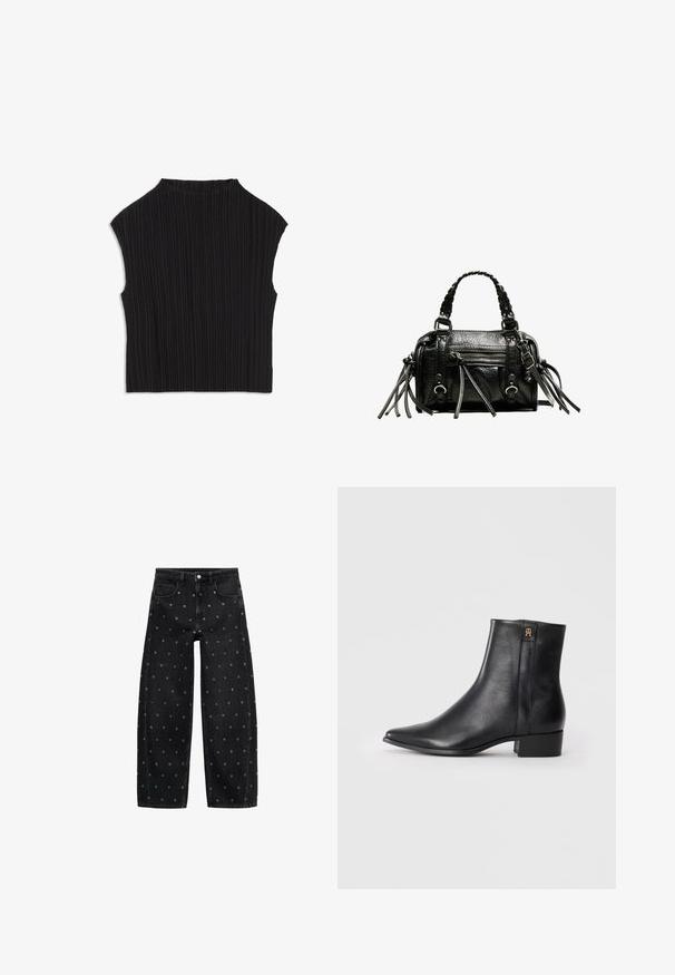 Zwarte geplooide top met mouwloos ontwerp, ronde halslijn en verticale textuur van de stof. Glad materiaal met een gestructureerde silhouette.; Beige corset top met luipaardprint, met dunne verstelbare bandjes, een gestructureerd ontwerp en verticale stiksels voor vorm.; Zwarte denim wide-leg jeans met een patroon van kleine zilveren oogjes, met een klassieke vijf-pocket design en een knoopsluiting aan de voorkant.; Zwarte leren enkellaarzen met een puntige neus, een gladde textuur, een lage blokhak en een gouden accentlogo op de zijkant.; Zwarte leren handtas met gevlochten handvatten, textuur op het oppervlak, ritsvak aan de voorkant en decoratieve franjes. Compacte en gestructureerde vorm.