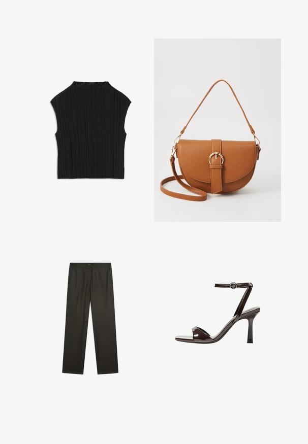 Černý plisovaný top bez rukávů, s kulatým výstřihem a vertikální texturou látky. Hladký materiál se strukturovaným siluetou.; Tmavě zelené široké kalhoty s hladkým povrchem, elastickým pasem a bočními kapsami. Jednoduchý design bez viditelných vzorů nebo kovových prvků.; Hnědé lakované kožené sandály na vysokém podpatku s páskem kolem kotníku, otevřenou špičkou a elegantním, minimalistickým designem. Obsahují čtvercový podpatek.; Hnědá kožená křížová taška s zakřiveným tvarem, zlatými detaily a akcentem s přezkou. Obsahuje odnímatelný popruh na rameno.