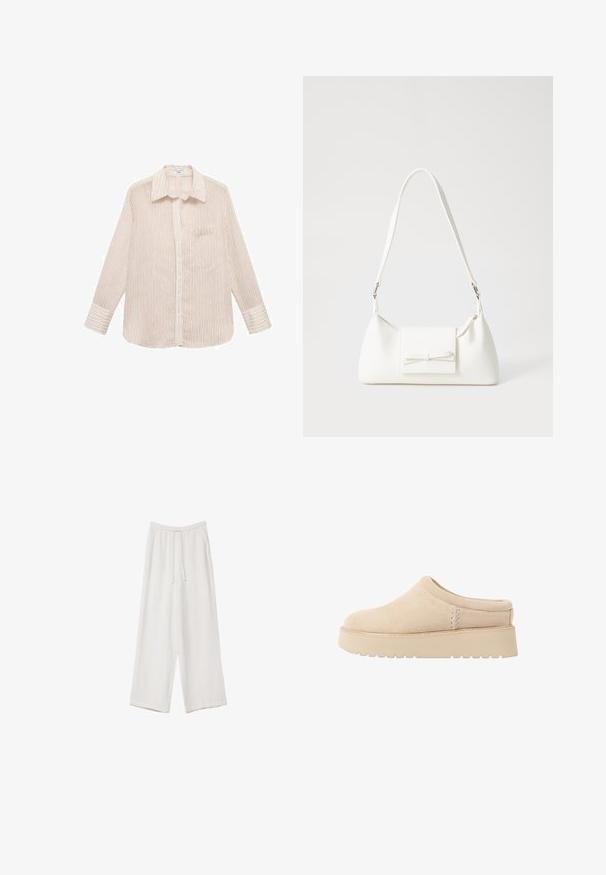 Striped long-sleeve shirt in cream with thin red lines, button-down front, pointed collar, and single chest pocket. Soft fabric texture.; White wide-leg trousers made from a lightweight fabric. Features an elastic waistband with a drawstring and side pockets. Smooth texture.; Beige suede slip-on shoes with a rounded toe and thick, textured platform sole. Features minimal stitching and a soft design.; White synthetic handbag with a triangular shape, flat front flap and bow detail, adjustable strap, smooth texture, and minimalistic design.