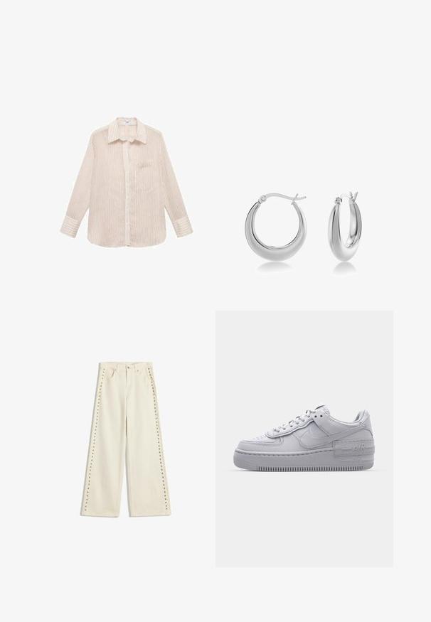 Prugasta košulja dugih rukava u krem boji s tankim crvenim linijama, s dugmadima sprijeda, šiljastim ovratnikom i jednim džepom na prsima. Mekani teksturirani materijal.; Svijetlosmeđe široke traperice s metalnim zakovicama duž vanjskih šavova, pet džepova i standardnim patentnim zatvaračem.; Sivi Nike Air Force 1 tenisica s perforiranim prstima, glatkim kožnim gornjištem, debelim potplatom i urezanim 'AIR' detaljem na peti.; Srebrne omče za uši s glatkom, poliranom završnom obradom. Okrugli oblik i dizajn s kopčom na šarku. Izdvajaju se svojom sjajnom, reflektirajućom površinom.