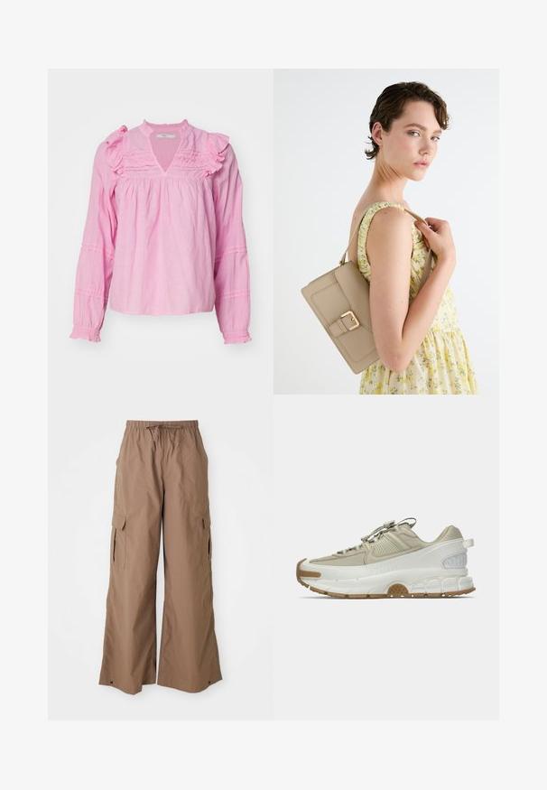 Roza bluzica dugih rukava s volanima, V-izrezom i nabranim detaljima na rukavima, izrađena od mekanog, laganog materijala.; Smeđe široke cargo hlače s elastičnim pojasom i bočnim preklopnim džepovima, širokog kroja, prikazane na bijeloj pozadini.; Bež i bijeli atletski tenisice s gumiranim potplatom, elastičnim vezicama, podstavljenim potplatom i teksturiranim stražnjim dijelom prikazane u bočnom profilu na bijeloj pozadini.; Bež torba od kože sa strukturiranim dizajnom, zlatnim kopčanjem kao akcentom i podesivim remenom, prikazana na svijetloj pozadini.