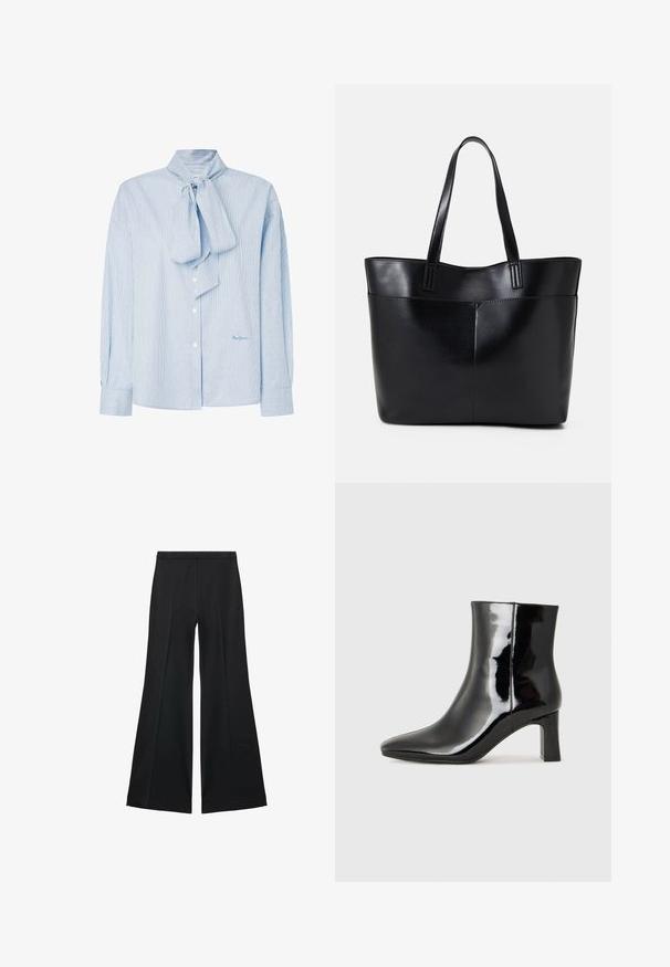 Lichtblauwe gestreepte blouse met een strik-kraag, lange mouwen, knoopsluiting en een subtiele logo in de rechterbenedenhoek.; Zwarte wijde-pijpen broek met een gladde textuur, gekenmerkt door voorplooien en een op maat gemaakte uitstraling. De stof is lichtgewicht en vloeiend.; Zwarte gepolijste leren enkellaars met een spitse neus en een blokhak van gemiddelde hoogte. Glad textuur en minimalistisch ontwerp.; Zwarte leren tote bag met twee lange handvatten, een zachte textuur en een gestructureerde vorm. Voorzien van een voorvak voor extra opslagruimte.