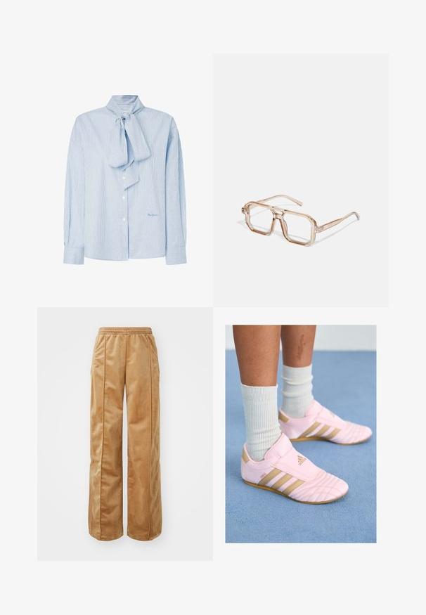 Šviesiai mėlynos dryžuotos bluzonos su kaklaraiščio tipo apykakle, ilgomis rankovėmis, mygtukų uždarymu ir subtiliu logotipu apatinėje dešinėje pusėje.; Kreminės pločio kojų kelnės, pagamintos iš švelnaus, veliūrinio audinio. Yra elastinga juosmens juosta ir vertikalios siūlės priekyje, suteikiančios papildomo akcento.; Rožiniai sportiniai bateliai su auksiniais akcentais, tekstūruota priekinė dalis ir trijų juostelių dizainas. Dėvimi su banguotomis baltomis kojinėmis. Plokščia guminė padanga.; Permatomi šešiakampiai akinių rėmeliai su šviesiai ruda atspalviu; stori, skaidrūs rėmai ir liekni šonai; nematomi logotipai ar raštai.; Ruda odinė rankinė su lygiu paviršiumi, suapvalinta forma, dviem rankenomis ir dekoratyvine etiketė. Pasižymi subtiliu siuvinėjimu ir elegantišku dizainu.