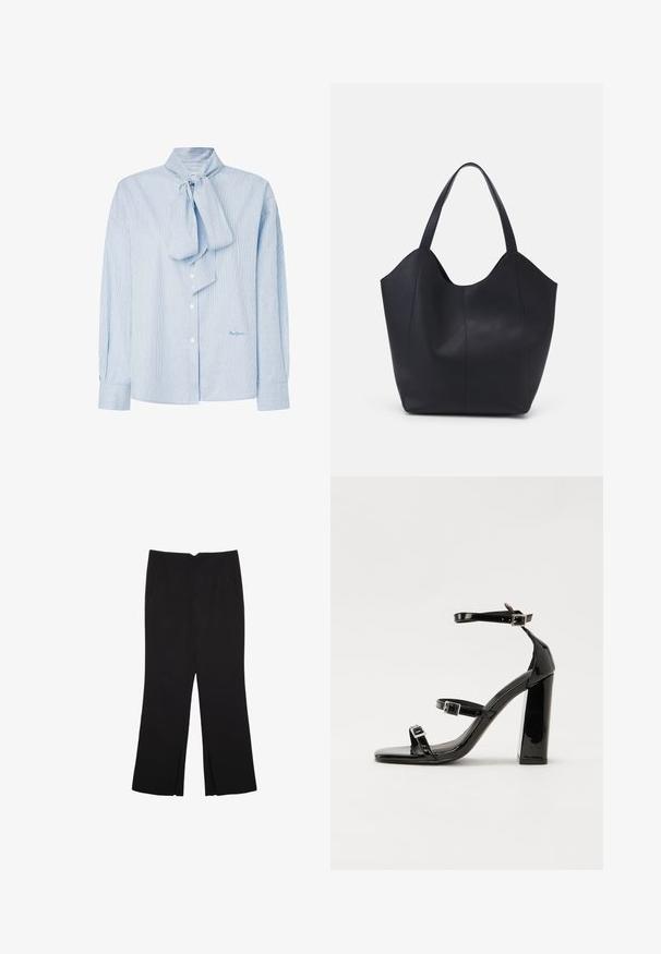 Hellblaue, gestreifte Bluse mit einer Schleifenkragen, langen Ärmeln, Knopfverschluss und einem dezenten Logo in der unteren rechten Ecke.; Schwarze Hose mit geradem Schnitt, ausgestattet mit Fronttaschen und Seitenschlitzen am Saum. Hergestellt aus weichem, glattem Stoff. Geeignet für verschiedene Anlässe.; Schwarze patentierte Sandalen mit Absatz, quadratischer Spitze, Knöchelriemen und silbernen Schnallen. Mit einem stabilen Blockabsatz für mehr Stabilität.; Schwarze Tote-Bag aus glattem Leder, mit einem abgerundeten, offenen Oberteil, zwei Schulterträgern und einem minimalistischen Design.