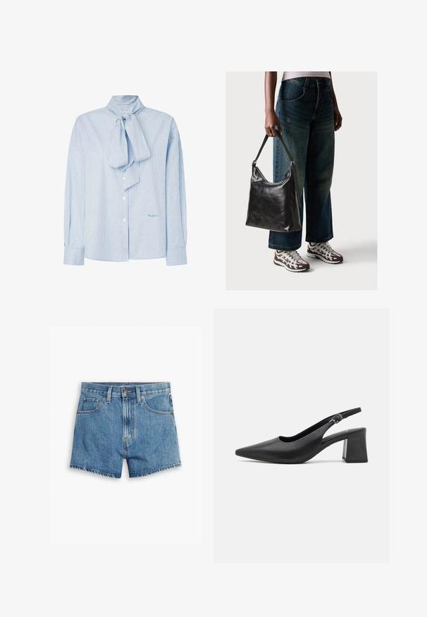 Blusa a righe azzurro chiaro con colletto a fiocco, maniche lunghe, chiusura a bottoni e un logo discreto nell'angolo in basso a destra.; Shorts in denim blu chiaro, con cinque tasche, chiusura a zip e bottone. L'orlo è sfilacciato e presenta un design a vestibilità rilassata.; Scarpa con tacco slingback in pelle nera, con punta appuntita e tacco a blocco chunky. Presenta una tracolla regolabile con fibbia in metallo.; Borsa a tracolla nera in pelle con una texture liscia e tracolla regolabile, abbinata a jeans ampi sbiaditi e sneakers sportive.