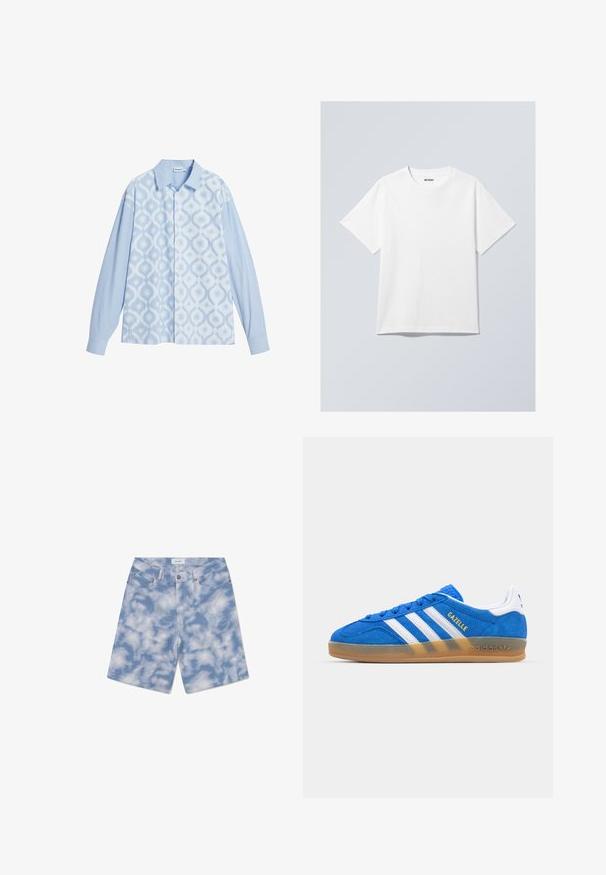 Mėlynas raštuotas marškiniai, su deriniu iš deimantų ir juostelių dizainų, ilgomis rankovėmis ir klasikine apykakle. Lengvas audinys.; Balta medvilnės marškinėliai su apvaliu iškirpimu, trumpomis rankovėmis ir laisvu siluetu. Ant iškirpimo yra prekės ženklo etiketė su užrašu "WEEKDAY".; Šviesiai mėlyni džinsiniai šortai su debesų raštu. Pagaminti iš medvilnės, turi klasikinį penkių kišenių dizainą ir užsegimą mygtuku.; Mėlyni zomšiniai sportbačiai su baltais dryžiais ir „Gazelle“ tekstu. Yra guminis padas ir tekstūruoti akcentai ant viršaus. Klasikinis dizainas.