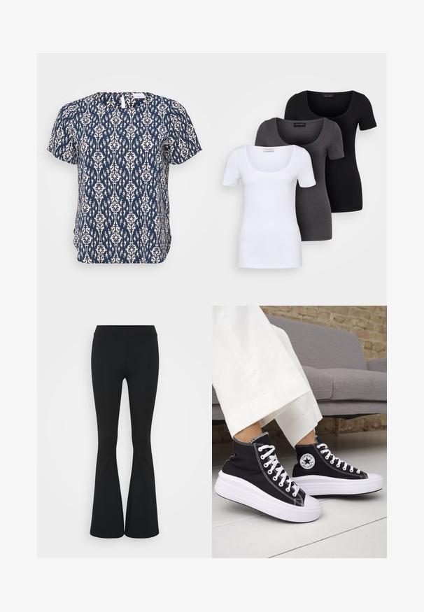 ONLY Carmakoma CARVICA - Bluse - total eclipse; Tre figurerte T-skjorter i hvit, grå og svart. Hver har en bred scoop-nakke og korte ermer. Laget av glatt, elastisk stoff.; Svarte flared bukser laget av elastisk stoff, med høy midje og en glatt tekstur. Buksene vidder ut fra kneet.; Svarte høye sneakers med hvite gummisåler og lisser. Har et rundt logo-merke og kontrasterende hvite sømmer. Laget av lerret.