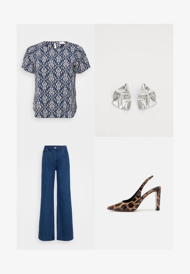 ONLY Carmakoma CARVICA LIFE NOOS - Camicetta - total eclipse; Jeans in denim blu a gamba larga con vita alta, chiusura frontale con bottone e zip, e tasche anteriori e posteriori su uno sfondo semplice.; Décolleté con stampa leopardata, dotato di cinturino alla caviglia e tacco a blocco trasparente. Realizzato in materiale lucido con una superficie morbida.; Orecchini in metallo argento con un design ondulato e scultoreo, caratterizzati da una finitura lucida e forme irregolari, che evidenziano un'estetica contemporanea.