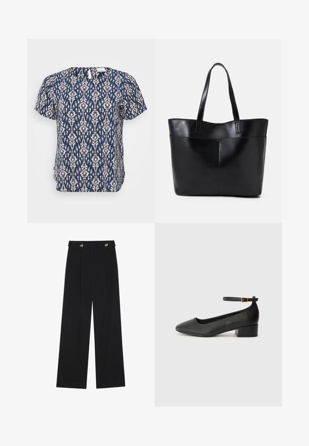 ONLY Carmakoma CARVICA LIFE NOOS - Μπλούζα - total eclipse; Μαύρο παντελόνι φόρμας σε φαρδιά γραμμή με ψηλή μέση, κουμπιά στη μέση και πλαϊνές τσέπες.; Μαύρο δερμάτινο τακούνι με μυτερή μύτη και χαμηλό τετράγωνο τακούνι. Διαθέτει λουράκι στον αστράγαλο με χρυσό τόνο πόρπη. Λείο υφή.; Μαύρη δερμάτινη τσάντα tote με δύο μακριούς ιμάντες, λεία υφή και δομημένο σχήμα. Διαθέτει μπροστινή τσέπη για επιπλέον αποθήκευση.