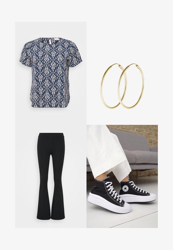 ONLY Carmakoma CARVICA ciemnoszary; Czarne spódnice dzwonowe wykonane z elastycznego materiału, z wysokim stanem i gładką fakturą. Spodnie rozszerzają się od kolana.; Czarne trampki typu high-top z białą gumową podeszwą i sznurówkami. Posiadają okrągłą naszywkę z logo oraz kontrastujące białe przeszycia. Wykonane z materiału płóciennego.; Złote kolczyki w formie obręczy z gładkim, zaokrąglonym wzornictwem o błyszczącym wykończeniu. Lekka konstrukcja z bezpiecznym zapięciem.