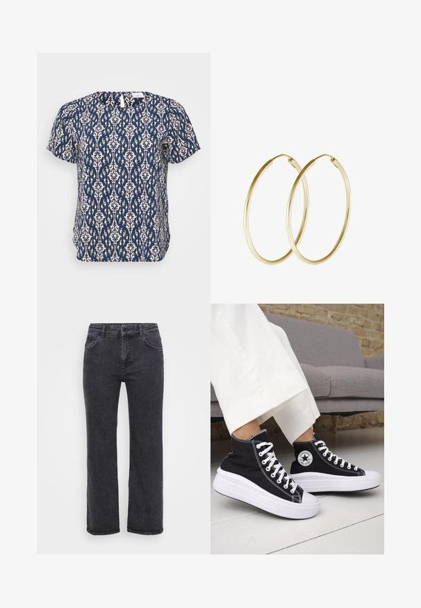 ONLY Carmakoma CARVICA - Blus - total eclipse; Svarta denimjeans med rak bendesign, fem fickor och knappstängning. Tyget har en något bleknad textur och kraftig sömnad.; Svarta höga sneakers med vita gummisulor och snören. Har en rund logotypmärke och kontrasterande vita sömmar. Tillverkade av canvasmaterial.; Guldörhängen i form av hoops med en slät, rundad design och en glansig yta. Lätt konstruktion med en säker kläppen.