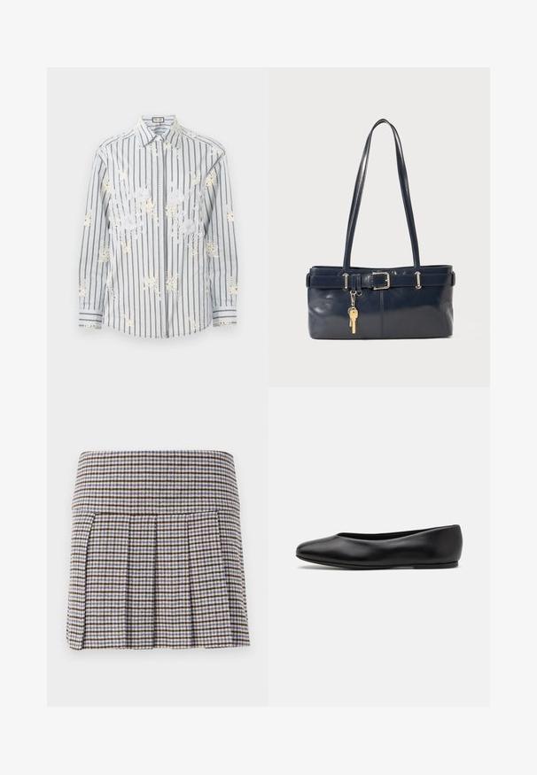 Vaaleansininen raidallinen nappimekko, jossa on valkoista kukkaembroidausta, pitkät hihat ja erottuvat mustat yksityiskohdat hihoissa ja kauluksessa.; Valkoinen hame ruskeassa, beigeessä ja sinisessä ruutukuosissa. Valmistettu teksturoidusta kankaasta, jossa on napakka vyötärö ja koristeelliset laskokset.; Paul Smith TOPANGA - Ballerinat - black; La handbagin sininen nahka, jossa on kaksi pitkää kahvaa, Buckle-yksityiskohta ja avaimenperä kiinnitettynä. Sen pinta on sileä ja muoto on suorakulmainen.