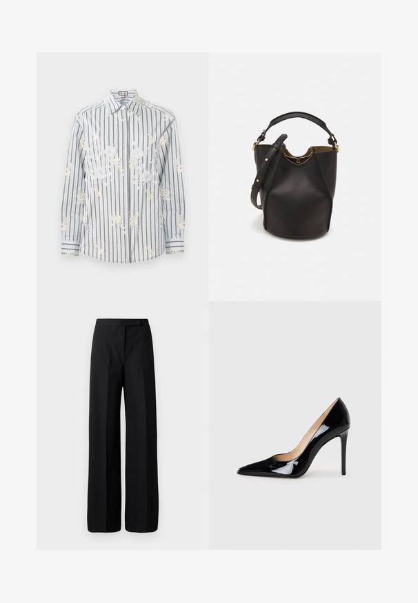 Camicia a righe celeste con ricami floreali bianchi, maniche lunghe e accenti neri a contrasto sui polsini e sul colletto.; Pantaloni neri a gamba ampia con una texture liscia e opaca. Vita piatta senza hardware o motivi visibili. Design semplice ed elegante.; Décolleté in pelle verniciata nera con design a punta e silhouette elegante. Presenta una finitura liscia e lucida e un tacco a stiletto sottile.; Borsa a secchiello in pelle nera con finitura testurizzata, dettagli in metallo dorato e apertura superiore. Presenta una maniglia corta e una tracolla regolabile.