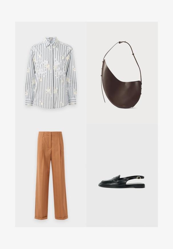 Chemise boutonnée à rayures bleu clair avec des broderies florales blanches, manches longues, et accents noirs contrastants sur les poignets et le col.; Pantalons bruns à rayures fines avec une conception sur mesure, featuring des plis, une coupe droite et un ourlet retroussé. Fabriqués dans un tissu lisse.; Chaussure slingback en cuir noir avec un bout arrondi, semelle plate, découpes sur les côtés et une sangle ornée d'un détail en métal doré.; Sac à main en cuir brun avec une forme incurvée, une seule sangle et un design minimaliste. Présente un logo subtil et des accents en hardware doré.