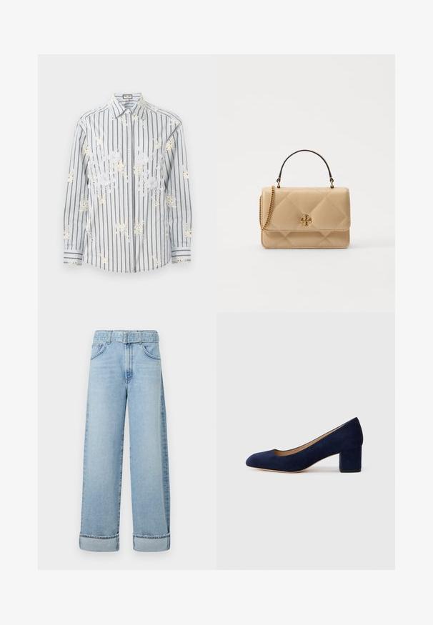 Light blue striped button-up shirt with white floral embroidery, long sleeves, and contrasting black accents on the cuffs and collar.; Light blue wide-leg jeans made of denim, featuring a high waist, belt loops, five pockets, and rolled cuffs at the hem.; Navy blue suede pump with a pointed toe and a mid-height block heel. Smooth texture with a subtle sheen and a small cutout at the front.; Quilted beige leather handbag with gold hardware, chain strap, and a top handle. Features a front flap and signature logo detail.