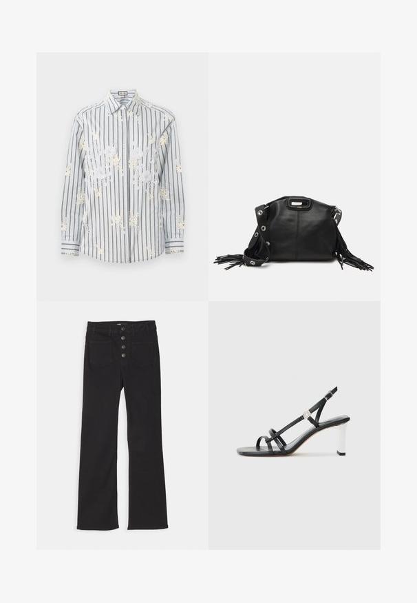 Cămașă button-up cu dungi albastre deschise, brodată cu flori albe, cu mâneci lungi și accente contrastante negre la manșete și guler.; Jeans din denim negri cu talie înaltă, design cu cinci buzunare și închidere frontală cu patru butoane metalice.; Sandale negre cu toc înalt, cu mai multe curele înguste, design slingback și un accent argintiu pe toc. Material superior neted și toc pătrat.; Maje MISS MINI - Geantă crossbody - noir