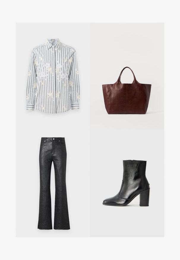 Svetlomodrá prúžkovaná košeľa na gombíky s bielou kvetinovou výšivkou, dlhými rukávmi a kontrastnými čiernymi akcentmi na manžetách a golieri.; Čierne kožené rozšírené nohavice s krčenou textúrou, vysokým pásom, prednými vreckami a klasickým zapínaním na gombík so zipsom.; Čierna kožená kotníková obuv s hladkým povrchom, špicatou špičkou a masívnym vysokým podpätkom. Zdobená bočným otvorom a minimalistickým dizajnom.; Hnedá kožená taška na rameno s hladkým povrchom, širokým telom a dvoma krátkymi uchami. Má minimálne šitie, bez viditeľných kovových častí alebo akcentov.