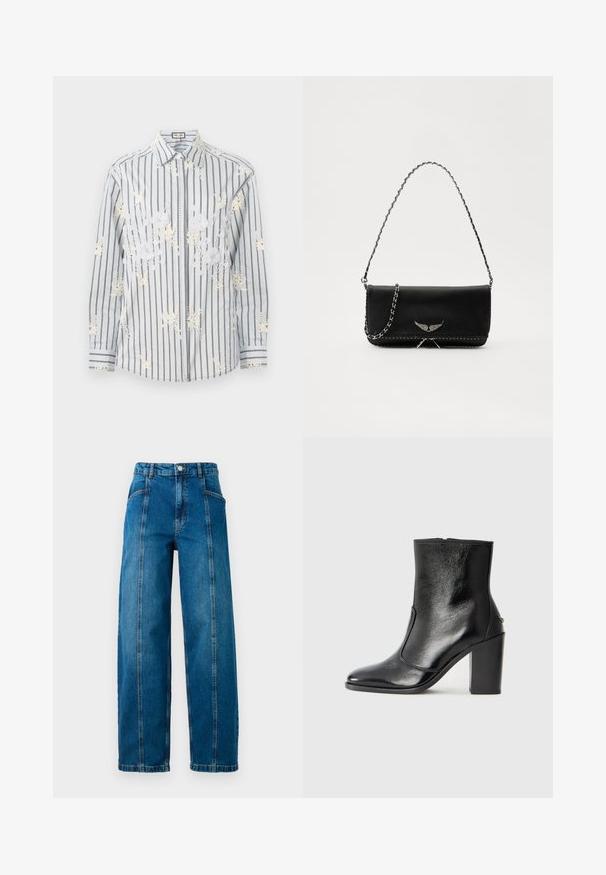 Világoskék csíkos gombos ing fehér virágmintás hímzéssel, hosszú ujjakkal és fekete kontrasztos részletekkel a mandzsettákon és a galléron.; Magas derekú kék farmernadrág széles szárakkal, elülső függőleges varrásokkal, oldalsó zsebekkel, övhurkokkal és gombos zárással.; Fekete bőr bokacipő sima textúrával, hegyes orral és vastag, magas sarkával. Oldalnyílással és minimalista dizájnnal rendelkezik.; Fekete bőrtáska ezüstlánc pánttal, díszes szárnyakkal és fehér varrással az alsó varrat mentén.