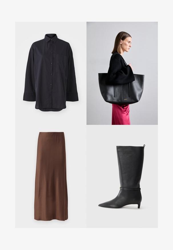 Black button-up shirt made of soft fabric, featuring a classic collar, long sleeves, a chest pocket, and a curved hem design.; Brown satin midi skirt with a smooth texture, featuring a straight cut and no visible patterns or embellishments. Simple and elegant design.; Black leather knee-high boot with a pointed toe, accented by a circular strap around the ankle and a low, tapered heel. Smooth texture.; Black leather tote bag with a textured finish, featuring two vertical lines, dual shoulder straps, and a minimalist design.