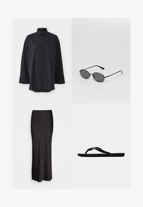 Fekete gombos ing, puha anyagból készült, klasszikus gallérral, hosszú ujjakkal, mellzsebbel és ívelt aljjal.; Fekete, padlóig érő selymes hatású szoknya, sima textúrával, testhez simuló derékkal és A-vonalú sziluettel, látható díszítések vagy minták nélkül.; Fekete gumipapucs, textúrált pánttal és egyszerű lapos talppal, oldalnézetből, világos háttér előtt.; Fekete ovális napszemüveg sötét lencsékkel, vékony fém kerettel és egyenes szárakkal. A belső szárban található a márkád logója, továbbá orrtámaszokkal is rendelkezik.
