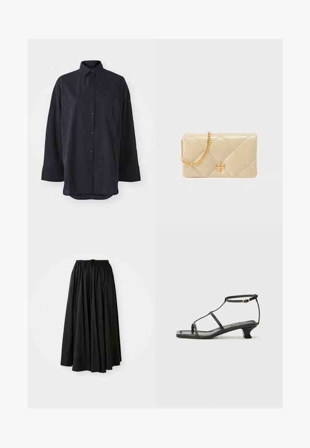 Camicia nera con bottoni realizzata in tessuto morbido, con colletto classico, maniche lunghe, taschino sul petto e orlo curvo.; Gonna nera, di lunghezza alla caviglia, realizzata in tessuto leggero. Presenta una vita arricciata con cordino per una vestibilità regolabile e una silhouette svasata.; Sandalo in pelle nera con punta quadrata, cinturini sottili, cinturino alla caviglia regolabile e tacco basso. Presenta un piccolo accento dorato sul cinturino.; Borsa a tracolla in pelle beige trapuntata con una catena dorata e dettaglio logo sulla parte anteriore. Texture liscia con cuciture a motivo a diamante.