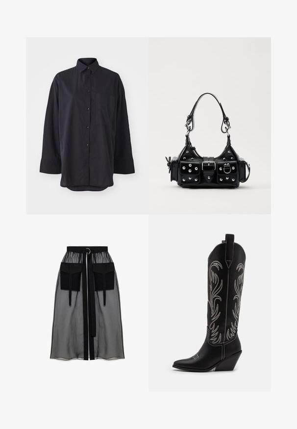 Sort skjorte med knaplukning af blødt stof, der har en klassisk krave, lange ærmer, en brystlomme og en bueformet kant.; Sort gennemsigtig nederdel med en rynket talje, der har to store forlommer, et taljebånd og en cirkulær metaldetalje.; Sorte læder cowboystøvler med spidse tæer, kilehæle og sølv broderede blomster mønstre langs skaftet. Kontrast syning overalt.; Sort læderhåndtaske med et buet design, prydet med sølvfarvede nitter, en spænde og to sidelommer. Justerbar rem til forskellige bære muligheder.